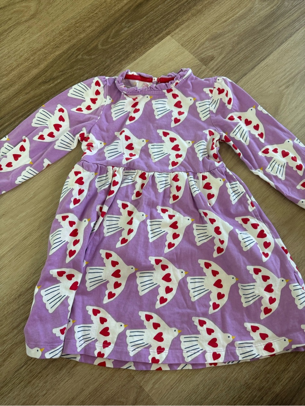 Mini Boden Lavender Dove Print Long-Sleeve Dress with Red Heart Accents